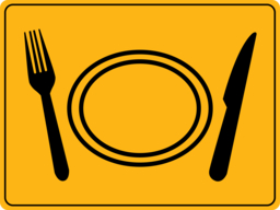 black line drawing of a plate, fork, and knife on a gold background