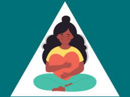 Illustration of a woman with long hair sitting cross-legged, eyes closed, hugging a heart. She is framed by a white triangle against a teal background, conveying calmness.
