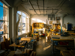 A work room full of materials, tables, tools, with 2 big windows