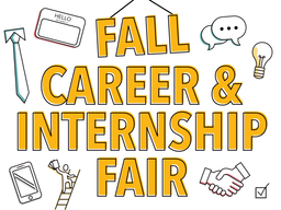 Career Fair logo with neck tie, name tag sticker, talk bubbles, lightbulb, phone, stick figure on a ladder with resumes, handshake, check box