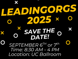 Black background; LeadingOrgs 2025 in yellow text with date, time, and location info