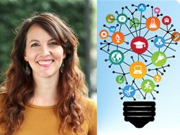 A white woman with long brown hair smiling and wearing a gold shirt, next to an image of a light bulb shape composed of various teaching and learning icons.