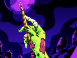 zombie hand coming out of the ground holding a pencil, neon colors and illustrative