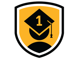 A gold and black shield logo featuring a stylized person wearing a graduation cap with the number “1” on it, symbolizing first-generation college students.