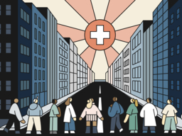 a cartoon drawing of people in the street looking toward a red cross on the horizon