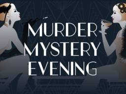 two women on the edges of the sign, with the words Murder Mystery Evening