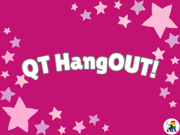 Pink background with stars, features text that states "QT Hang OUT" and has the pride center logo in the corner
