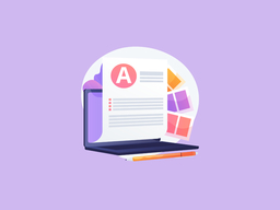 Illustration of a laptop with a paper document showing a pink letter A, color swatch cards, and an orange pen against a light purple background.
