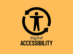 A human figure with outstretched arms inside a circle of two curved arrows, suggesting movement. Below the figure are two words: digital accessibility.