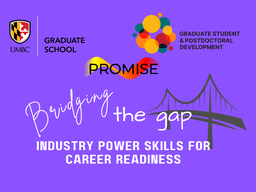 Logos from the Graduate School at UMBC, the GSPD unit, the PROMISE program and the Bridging the gap series on a purple background