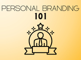 A colorful graphic featuring a young professional standing confidently in front of a giant ID badge, surrounded by icons of stars. The title text, "Personal Branding 101," appears in bold font.