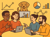 A flat-style digital illustration shows four diverse individuals sitting around a table with laptops, engaged in discussion. A cartoon Chesapeake Bay Retriever playfully sits behind a central laptop displaying a bar graph. Surrounding them are various icons representing data, including pie charts, line graphs, and data points, symbolizing collaboration and analytics.