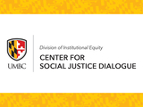 The Center for Social Justice Dialogue lockup logo surrounded by a gold Maryland flag-themed pattern.