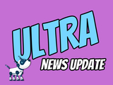 A black and white robot dog looks up at text reading Ultra News Update