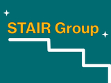 Teal background with two white stars, bold yellow text "STAIR Group," and a white zigzag line resembling stairs.