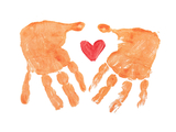 A picture of double handprint in orange paint with a red heart in the middle of them