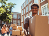 students carrying boxes with campus residential hall in the background