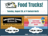 digital flyer with food truck graphic and grubbing hard logo with date and times of operation for tuesday august 26 from 11am to 130pm
