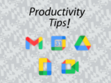 Google Workspace application logos against a white Maryland flag background, underneath the text 'Productivity Tips'